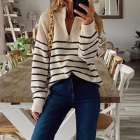 Suéter de media cremallera a rayas de moda - Tela fina y diseño elegante