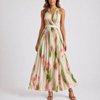 Doreen | Stijlvolle herfstbruiloft halter maxi-jurk met aquarel bloemenprint
